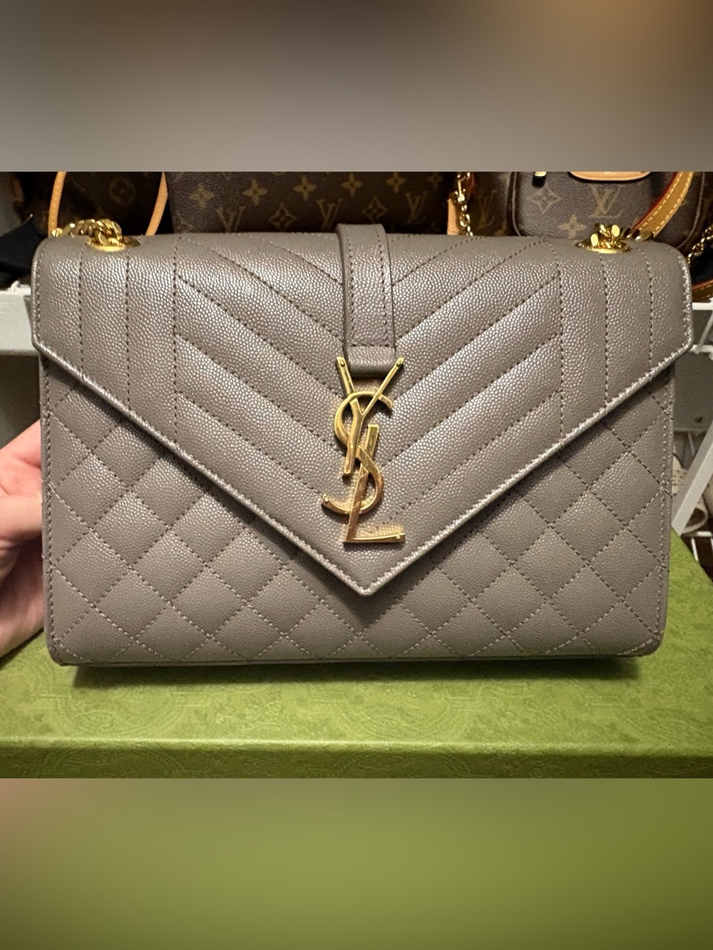 Saint Laurent Taupe Quilted Envelope Crossbody with Gold YSL Hardware